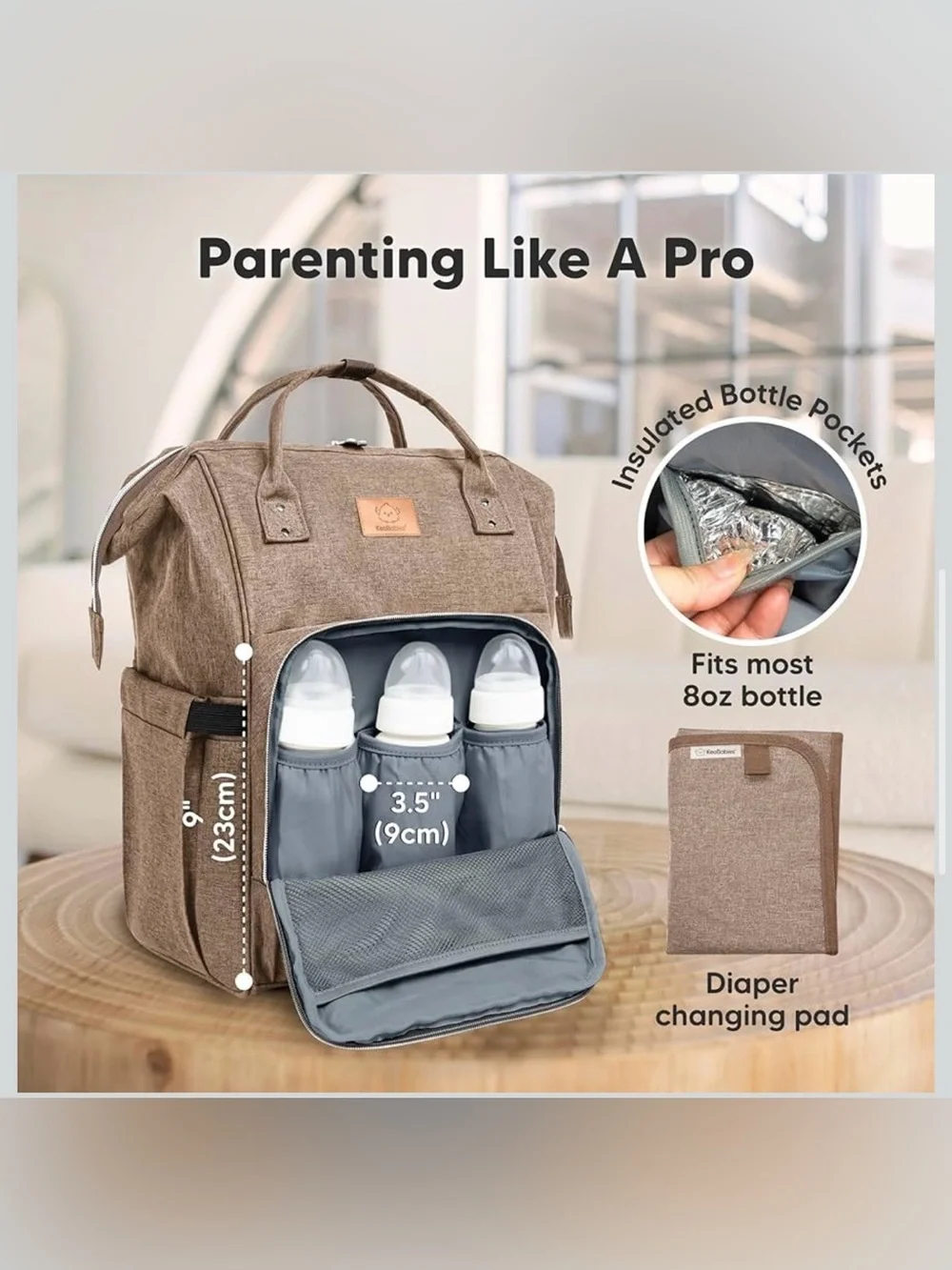 KeaBabies Baby Diaper Bag Backpack Waterproof With Changing Pad Coffee Brown NWT
